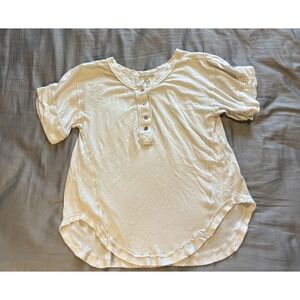 Free People Women's Top Medium Cream Henley Boho Relaxed Boxy Fit Cuffed Sleeves